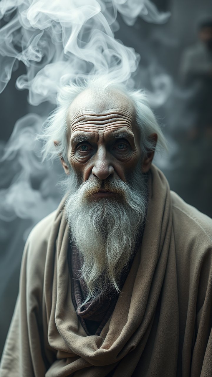 Elderly Man with Flowing White Beard and Mystical Smoke