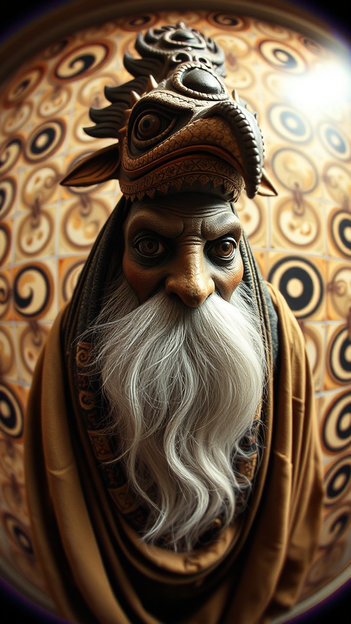 Elderly Mystic with Ornate Bird Headdress in Fisheye View
