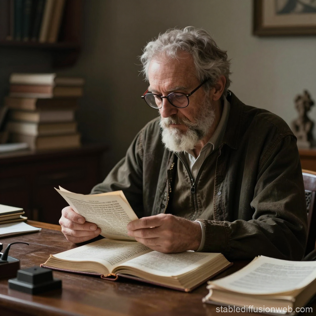 Elderly Scholar Deeply Studying Ancient Texts in a Quiet Library