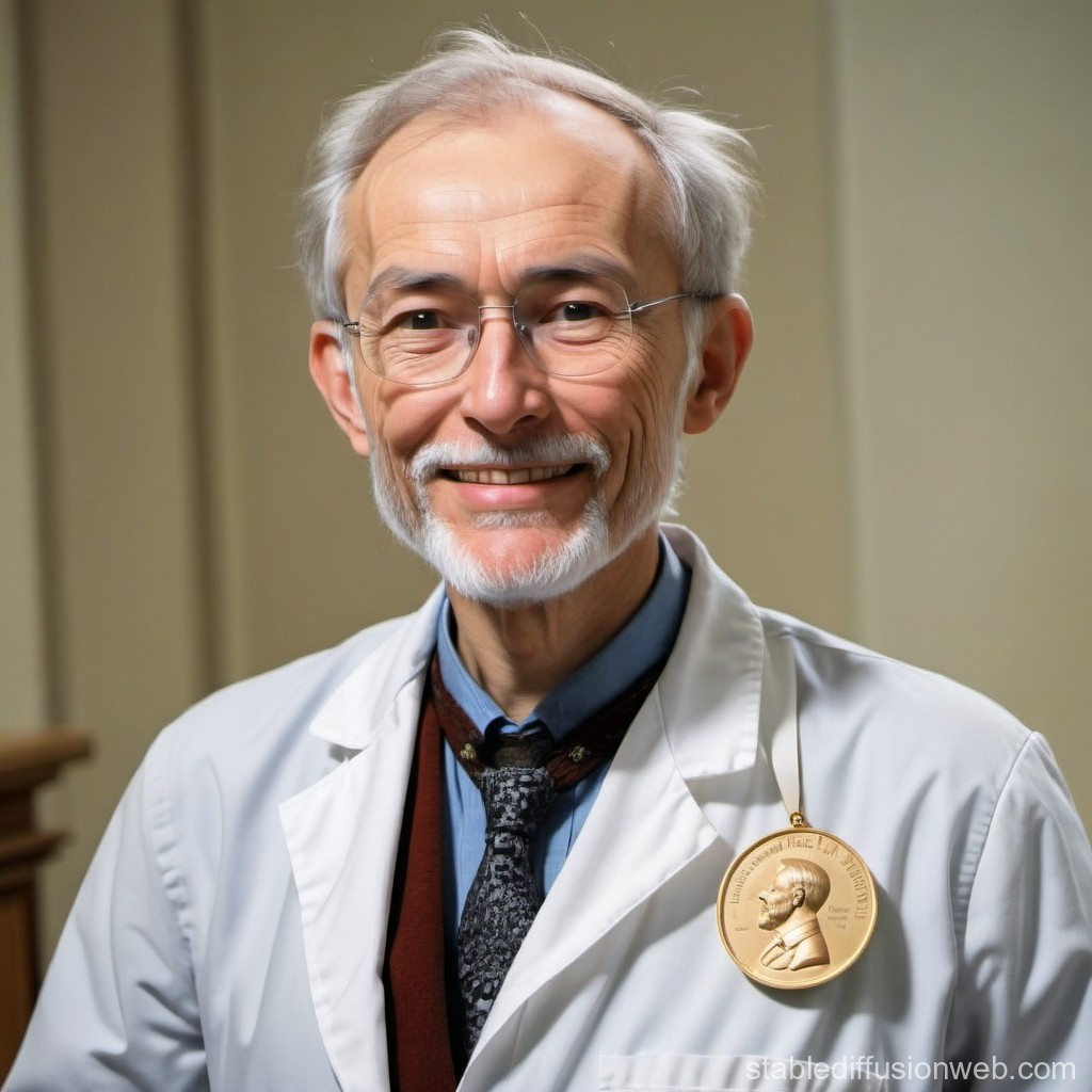 Elderly Scientist Wearing Nobel Prize Medal