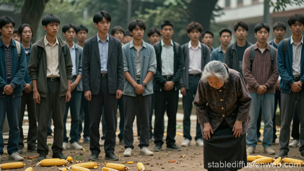 Elderly Woman Bowing Before Group of Students Outdoors