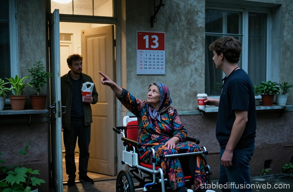 Elderly Woman in Wheelchair Pointing While Talking to Two Men Outside