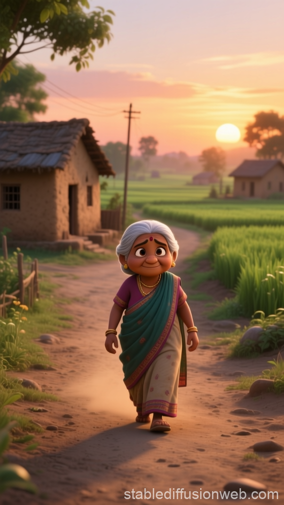 Elderly Woman Walking Through Rural Village at Sunset