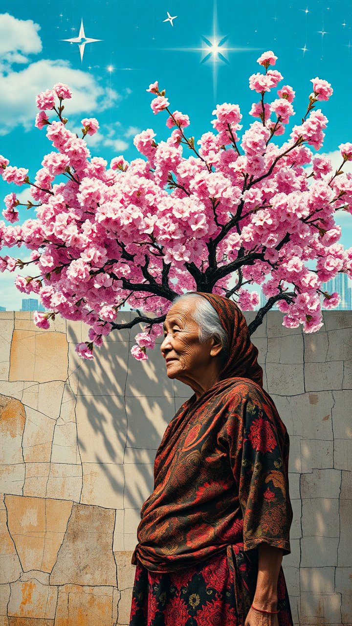 Elderly Woman with Blossoming Cherry Tree Crown