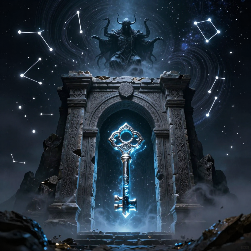 Eldritch Key and Ancient Gate Under Cosmic Constellations