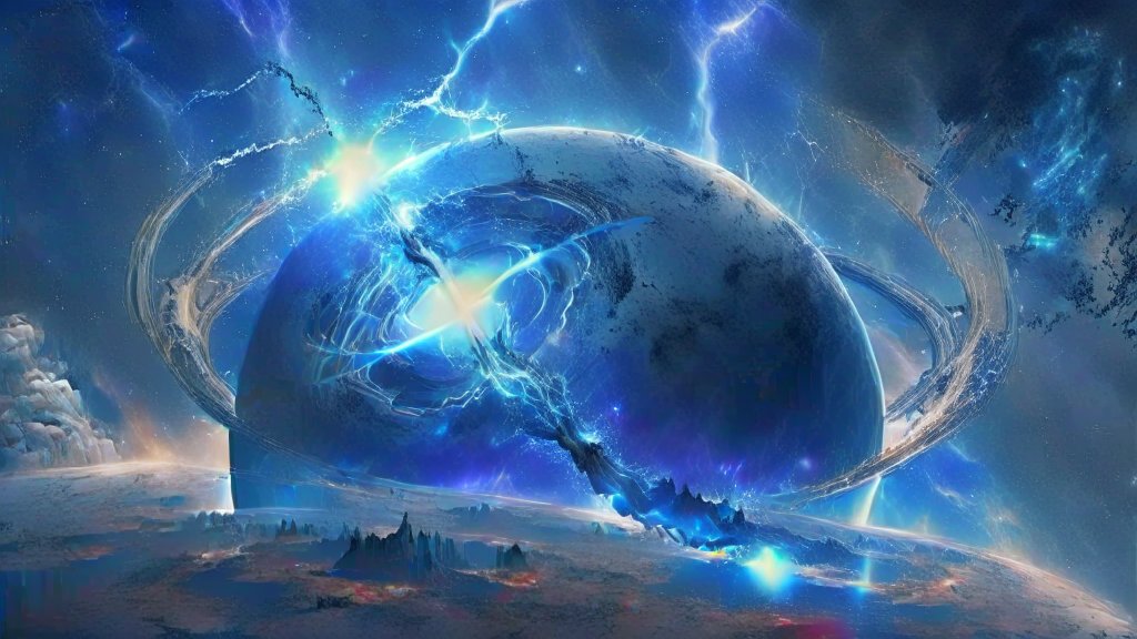 Electric Blue Cosmic Planet with Rings and Lightning