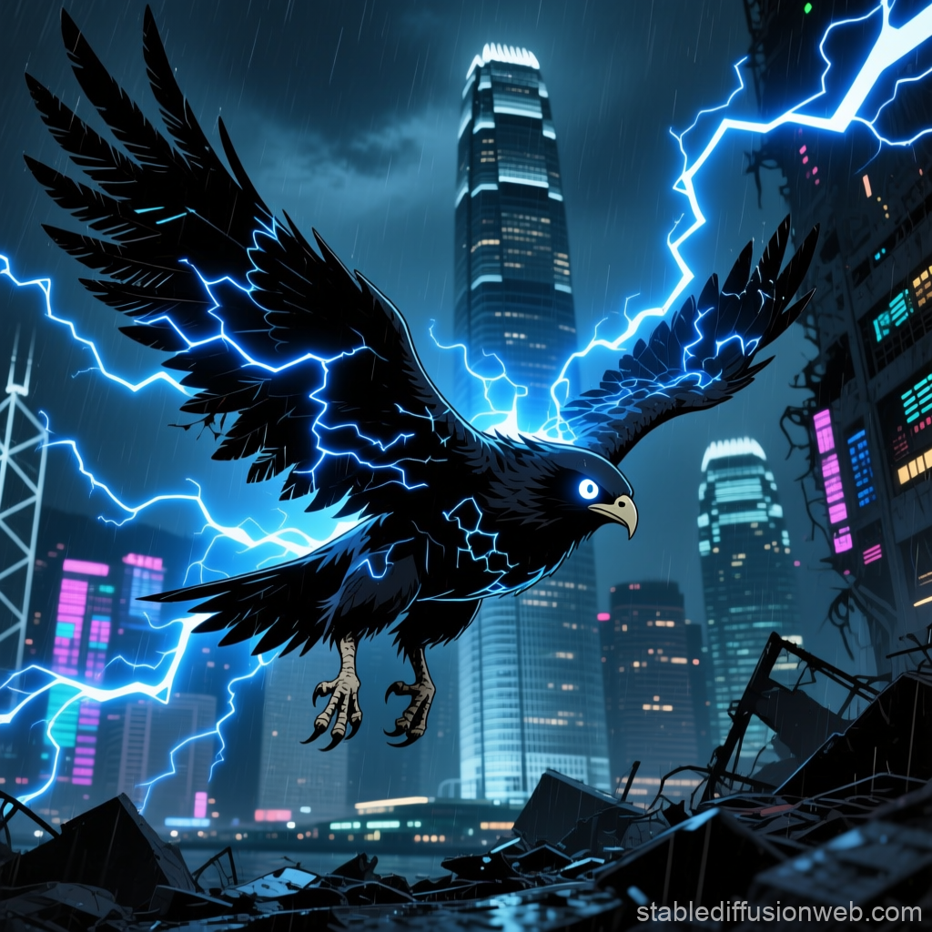 Electric Falcon Soaring Over Futuristic Cityscape