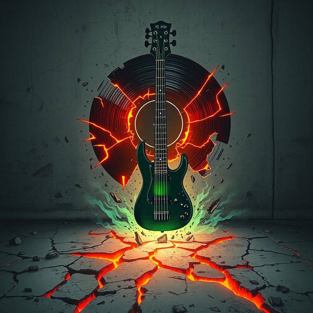 Electric Guitar with Exploding Vinyl and Lava Cracks