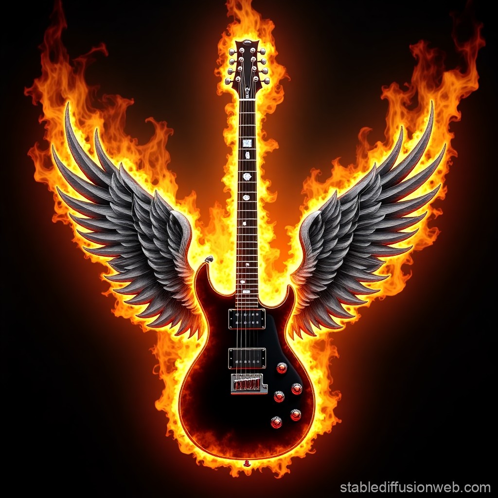 Electric Guitar with Flaming Wings