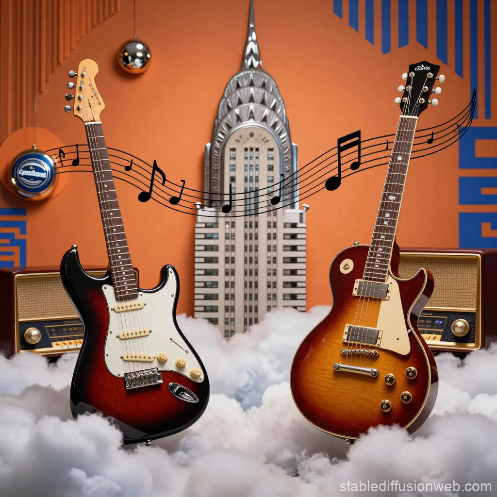 Electric Guitars Floating with Musical Notes in Retro Setting