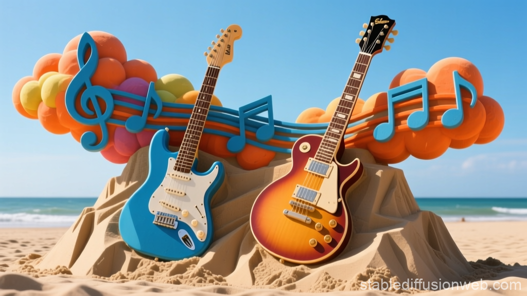 Electric Guitars with Musical Note Clouds on Beach