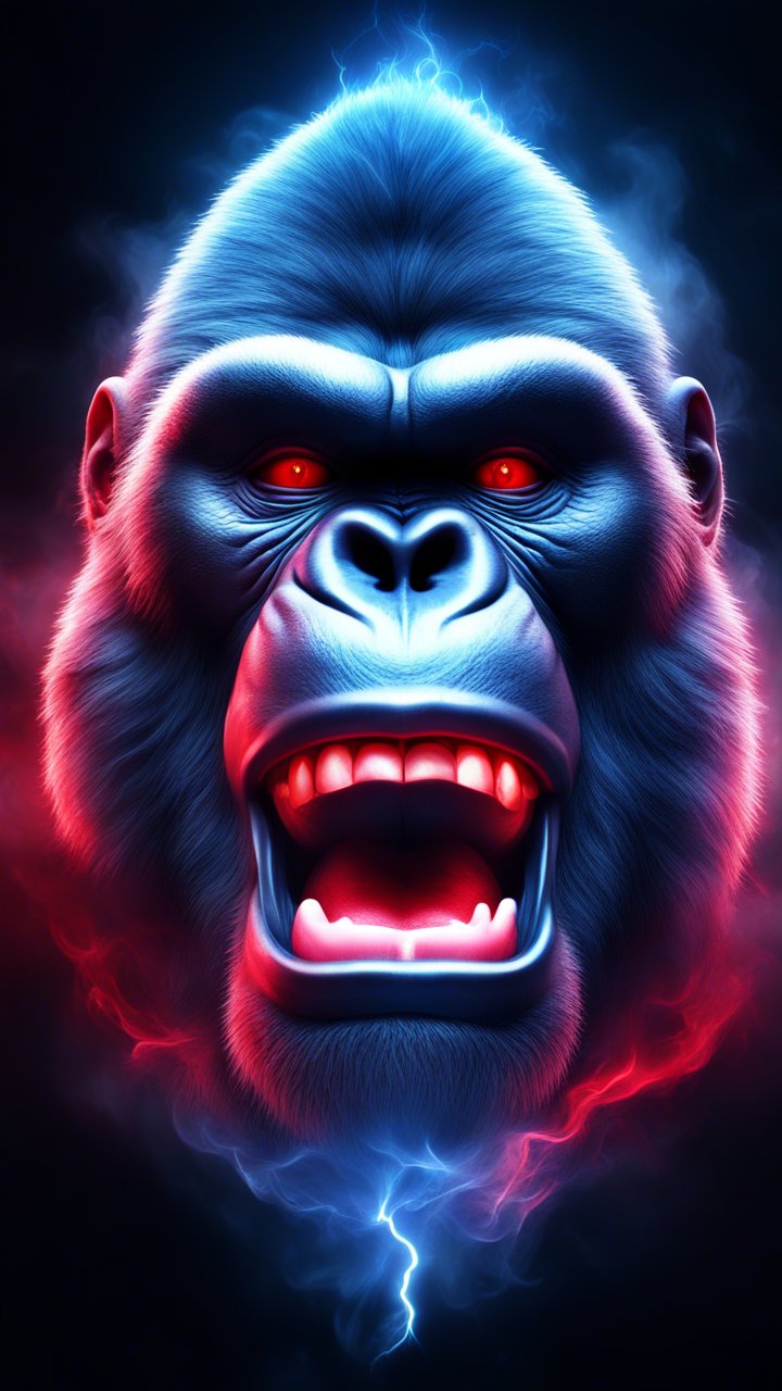 Electric Neon Gorilla Head with Fiery Red Eyes