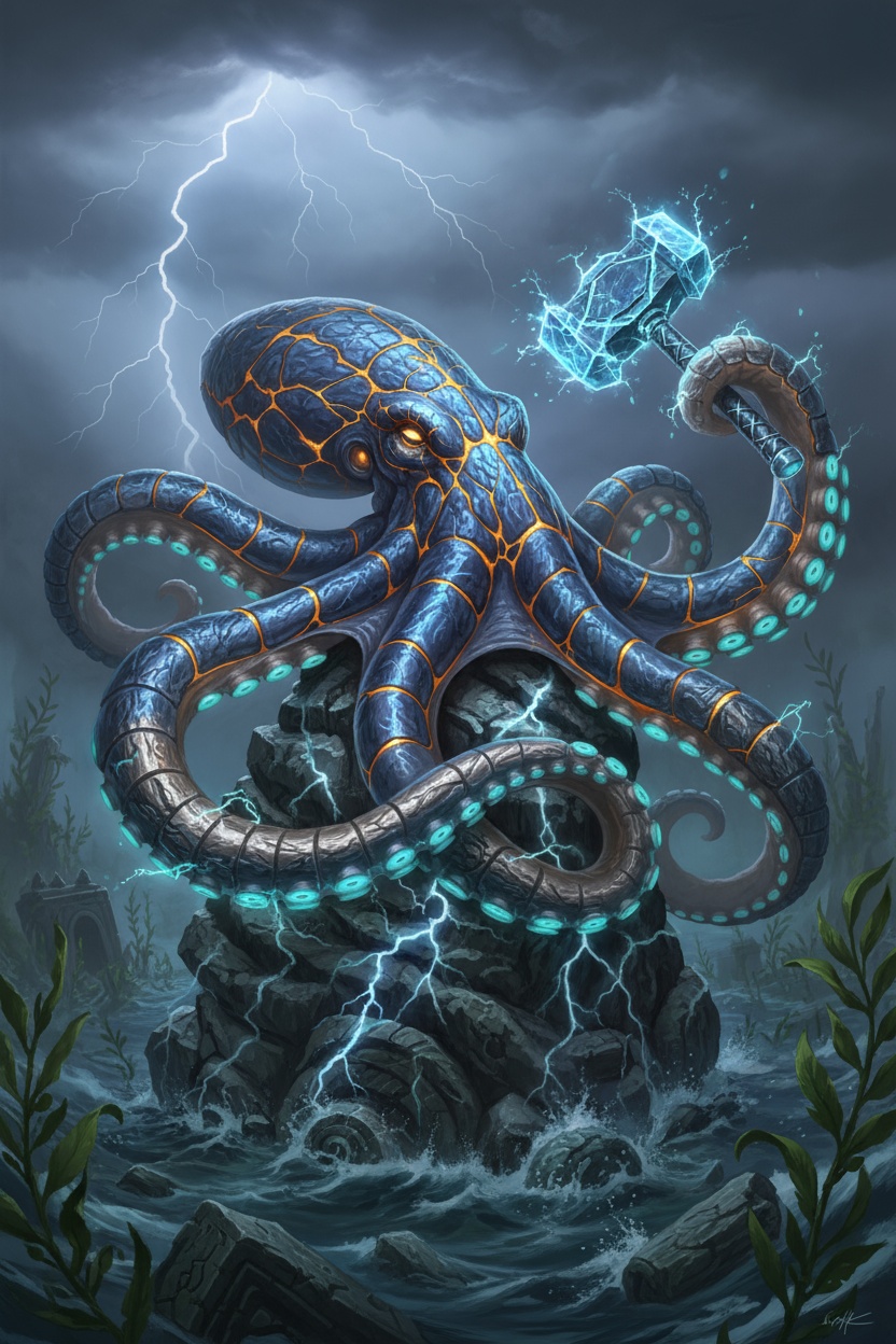 Electric Octopus Wielding a Thunder Hammer