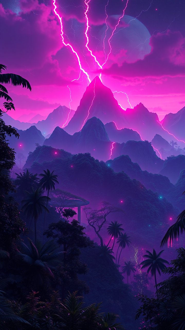 Electric Storm Over Neon Jungle Mountains
