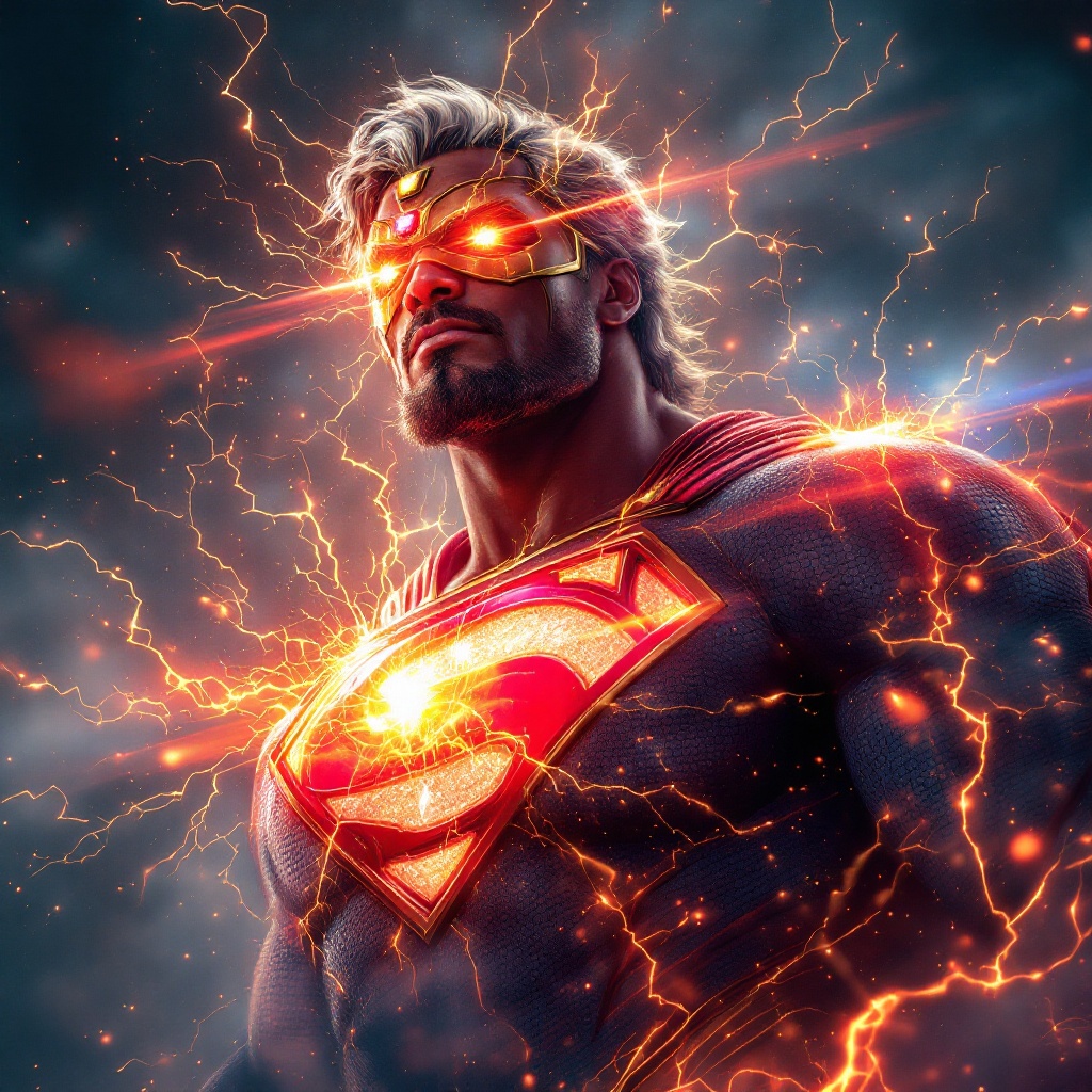 Electric Superhero with Glowing Eyes and Emblem