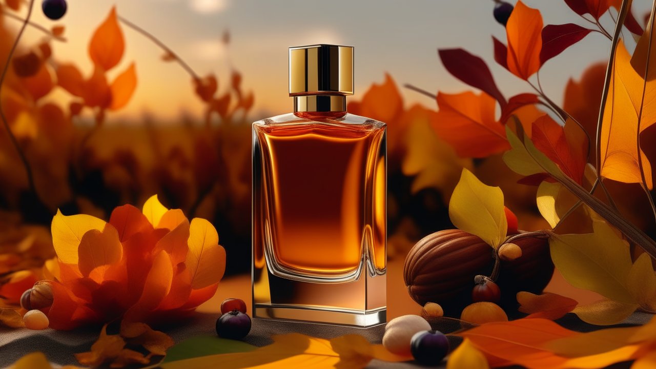 Elegant Amber Perfume Bottle with Autumn Leaves
