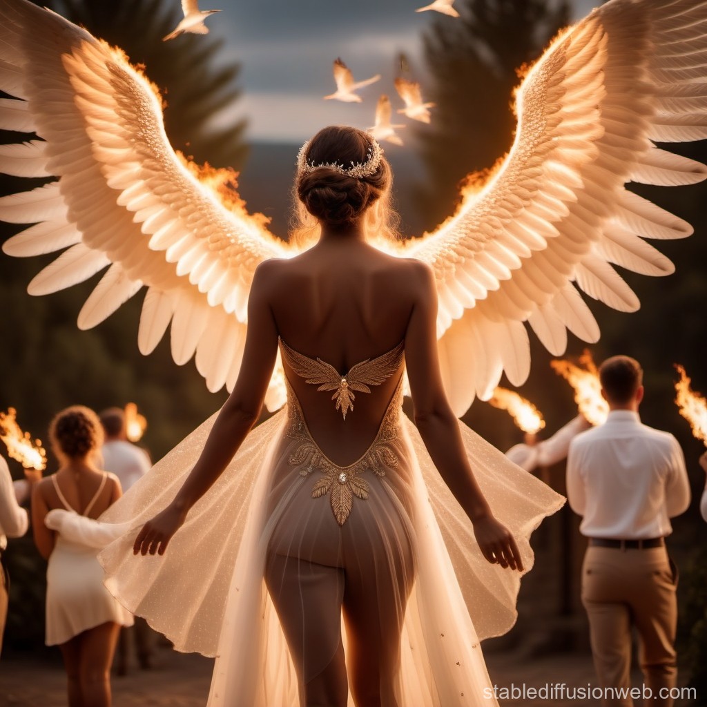 Elegant Angelic Figure with Glowing Wings at Twilight Ceremony
