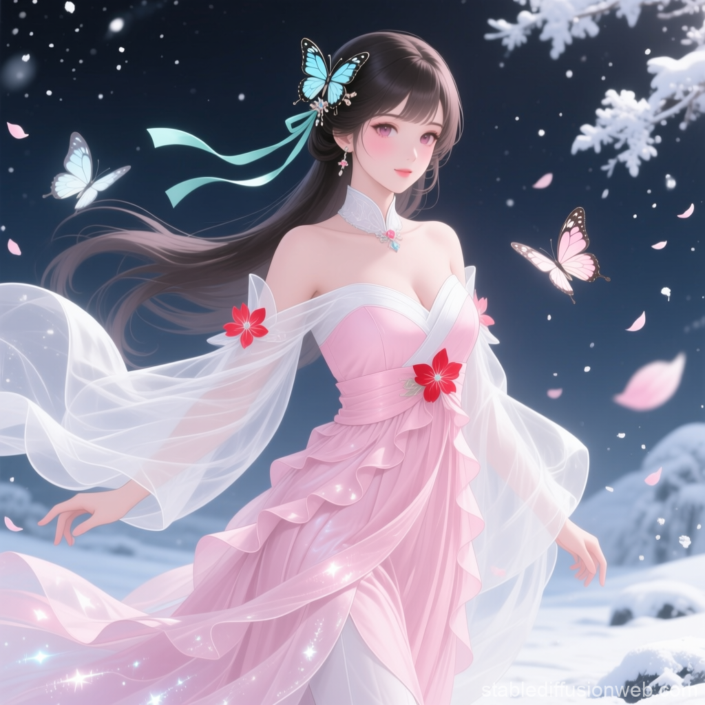 Elegant Anime Girl in Flowing Pink Dress with Butterflies