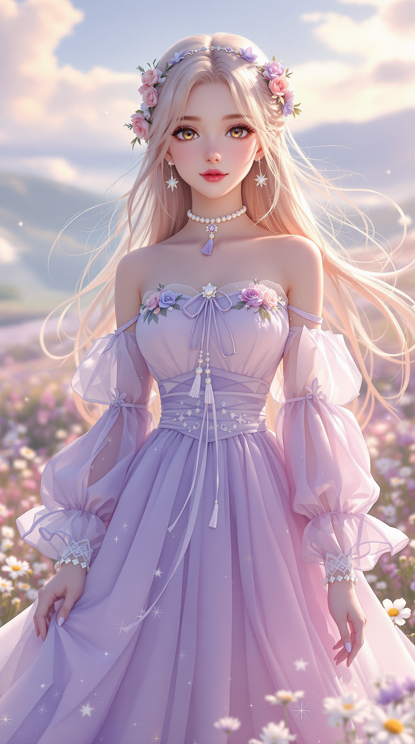 Elegant Anime Girl in Lavender Dress with Floral Crown