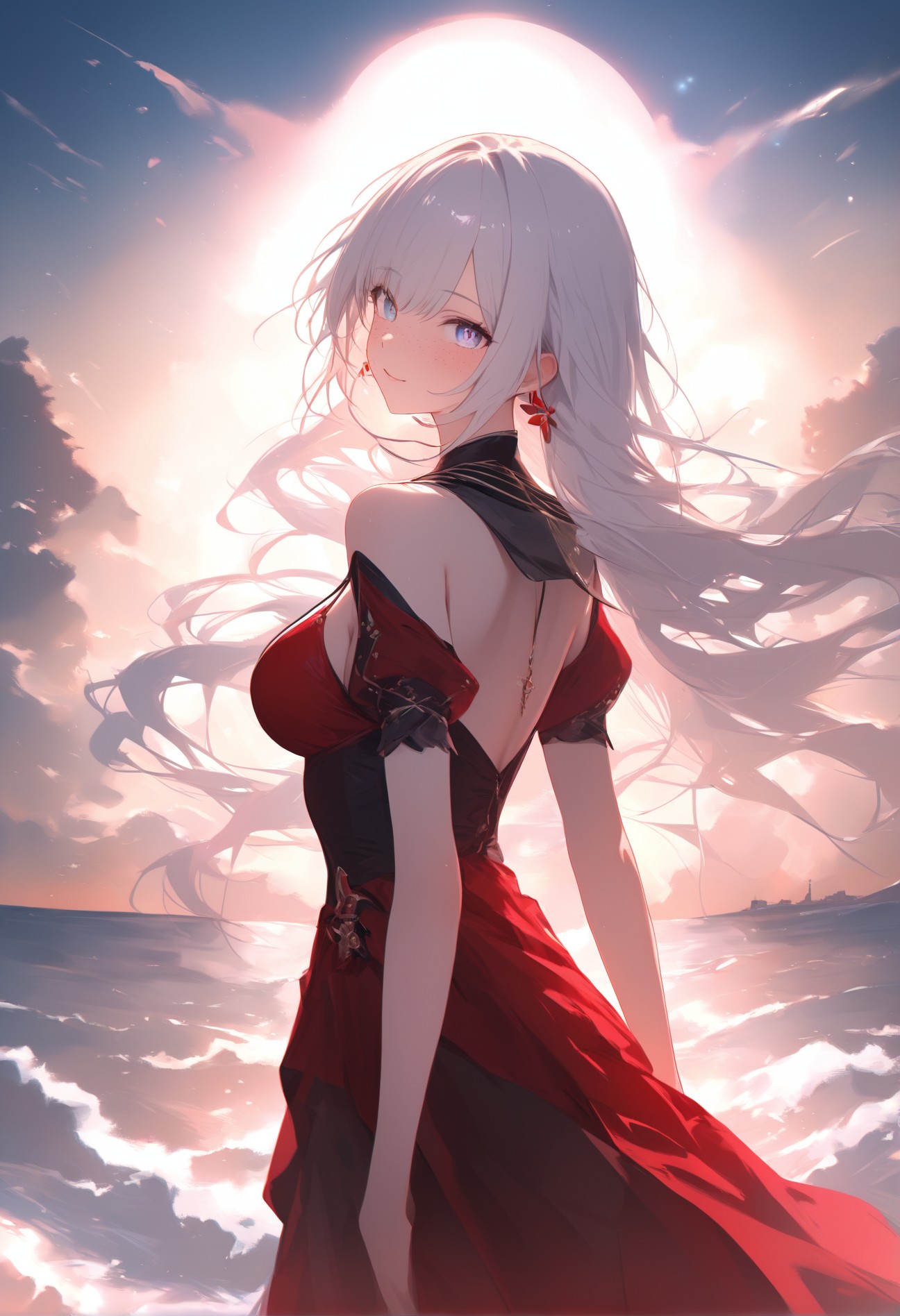 Elegant Anime Girl in Red Dress by the Ocean at Sunset