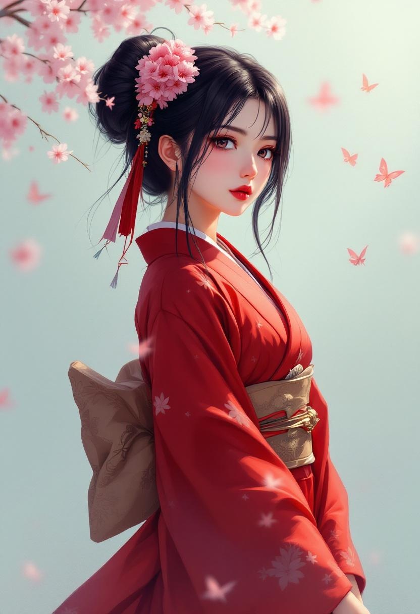Elegant Anime Girl in Red Kimono with Cherry Blossoms