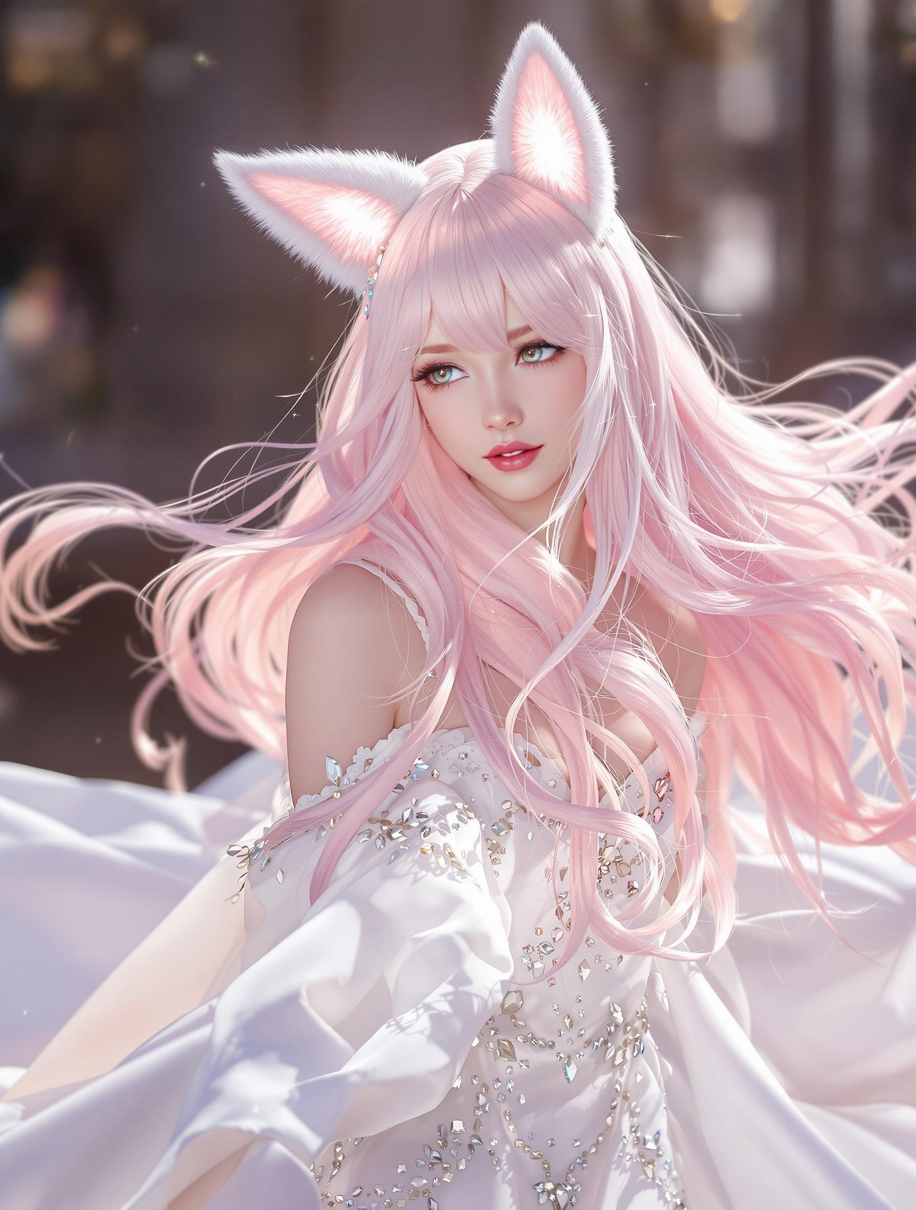 Elegant Anime Girl with Pink Hair and Fox Ears