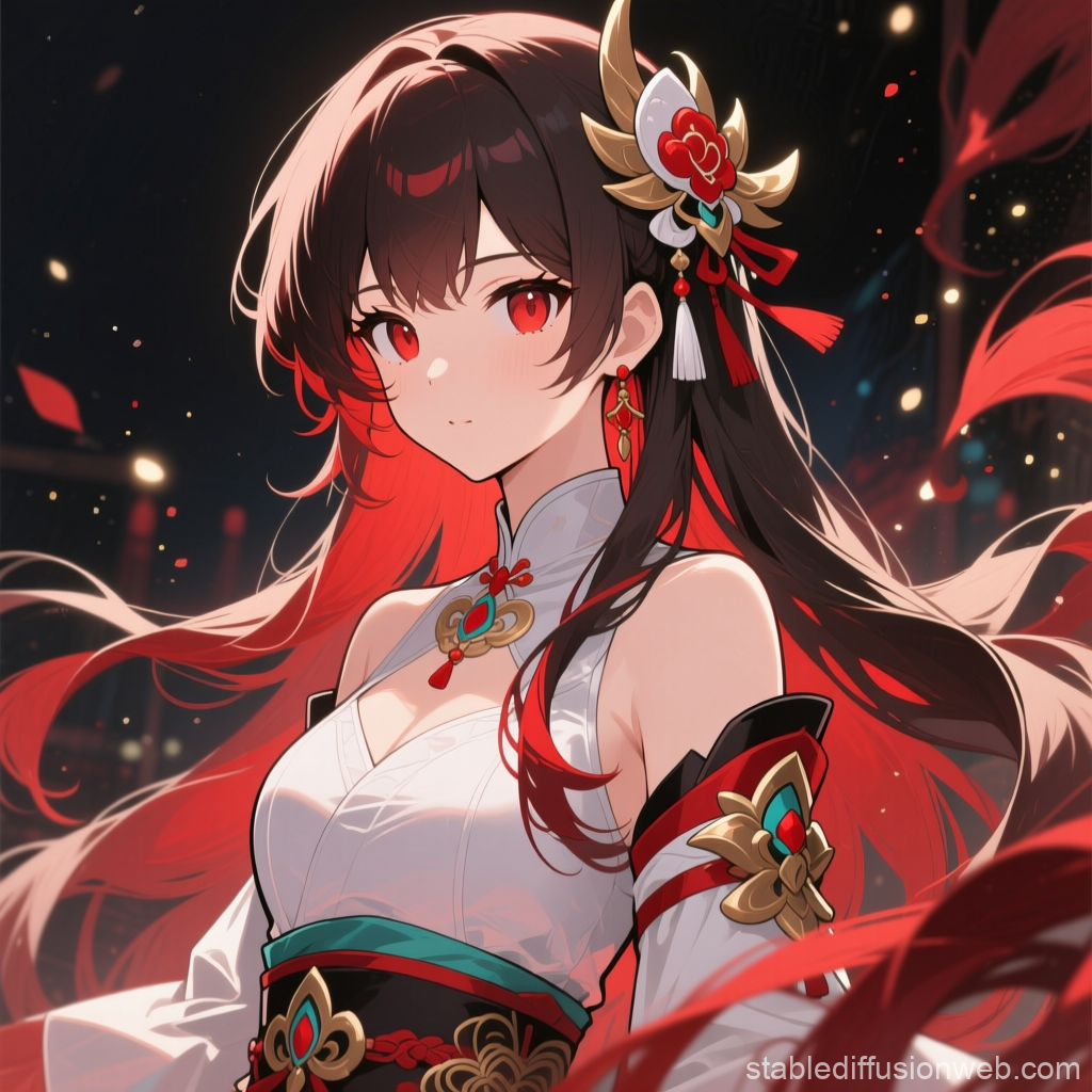 Elegant Anime Girl with Red and Black Hair in Traditional Attire
