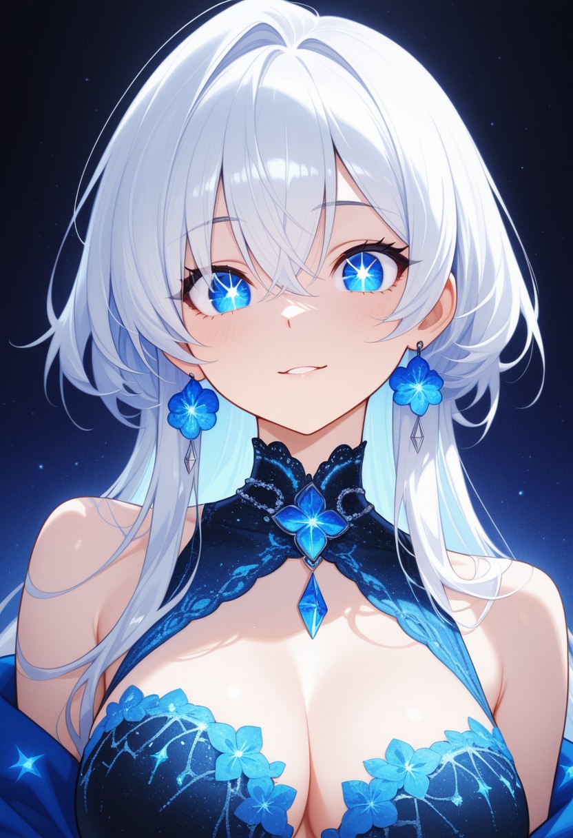 Elegant Anime Girl with Shimmering Blue Eyes and Floral Dress