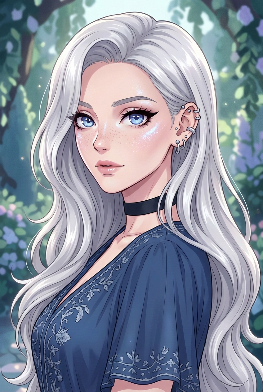 Elegant Anime Girl with Silver Hair and Blue Eyes