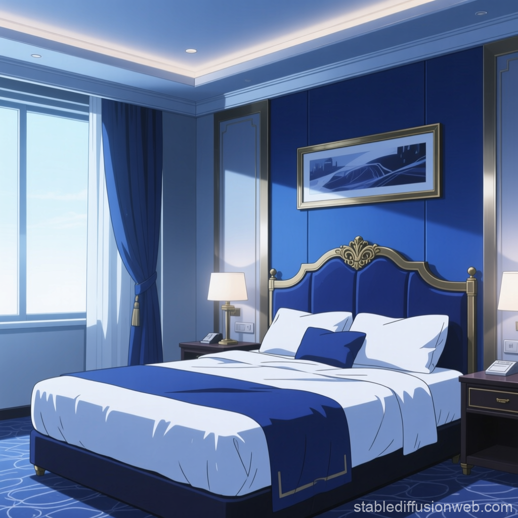Elegant Anime Hotel Room with Blue and Gold Decor