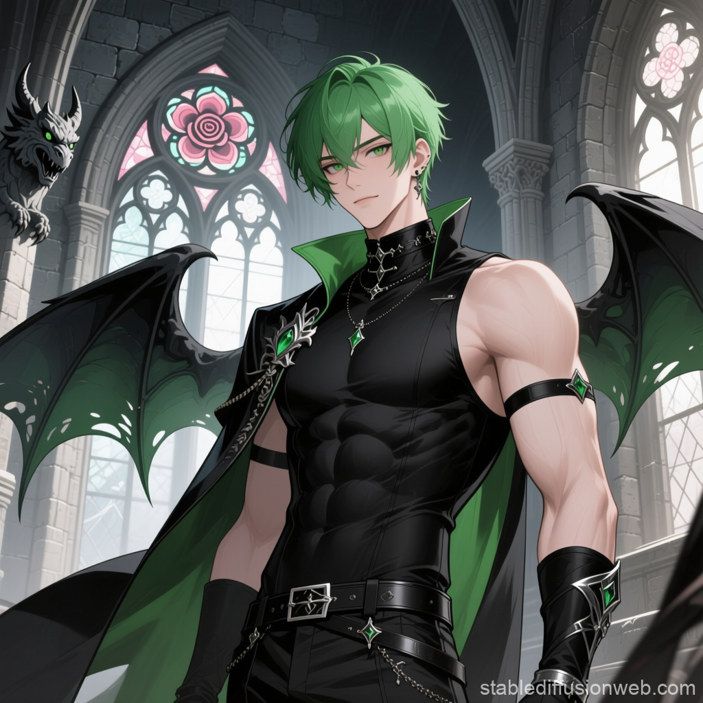 Elegant Anime Male with Green Hair and Dragon Wings in Gothic Cathedral