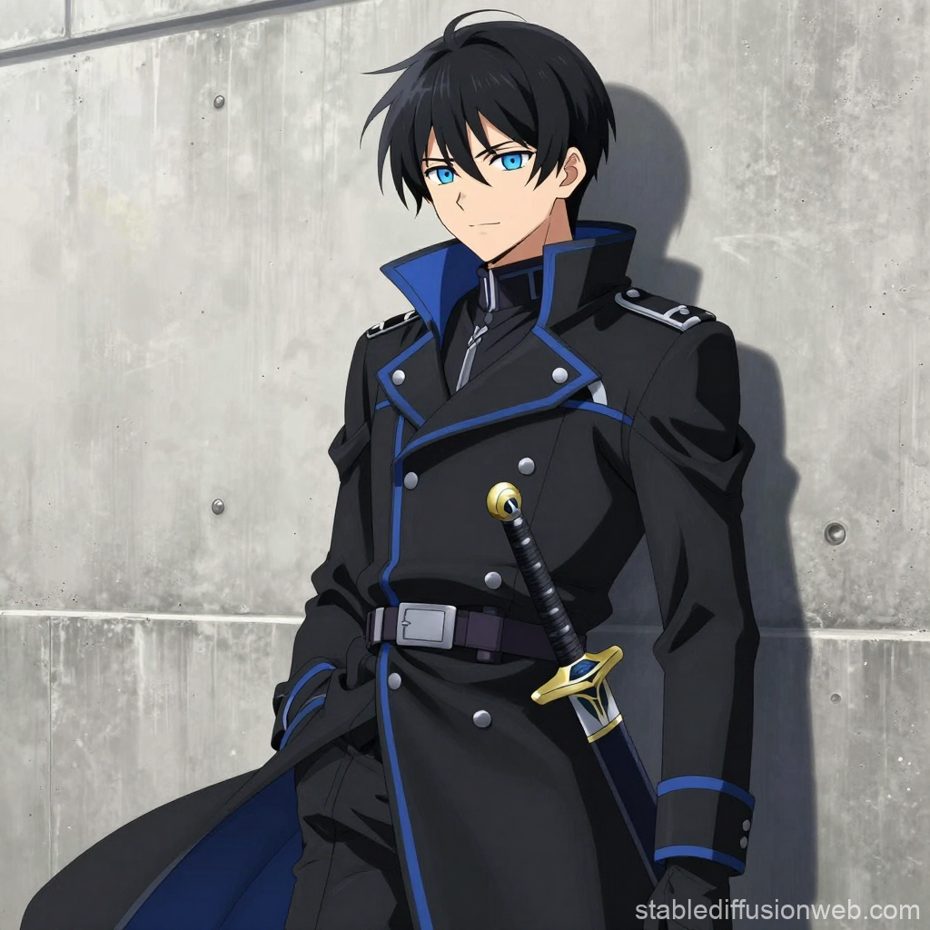 Elegant Anime Soldier with Sword in Black Uniform