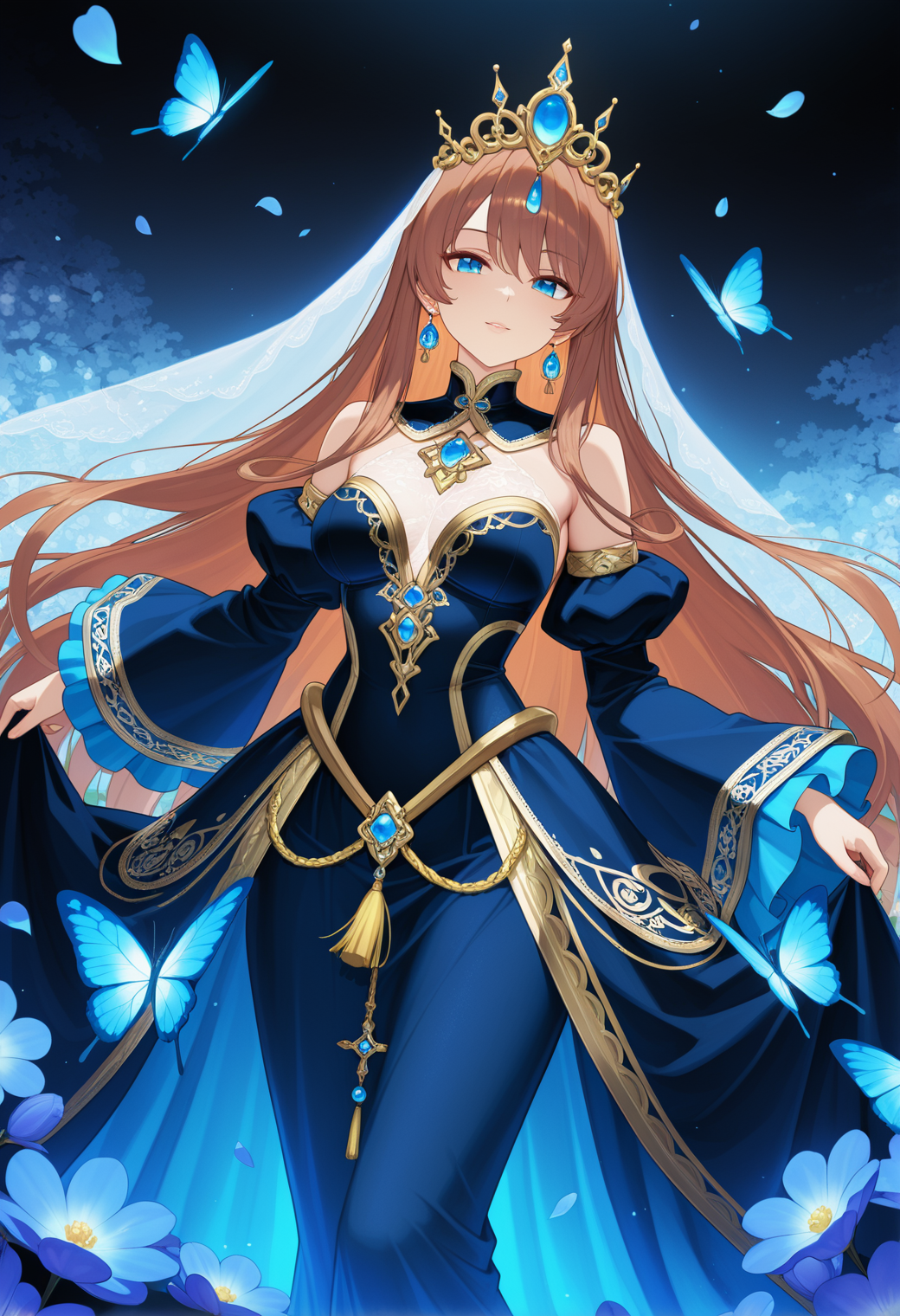 Elegant Anime Woman in Blue and Gold Chinese-Inspired Gown