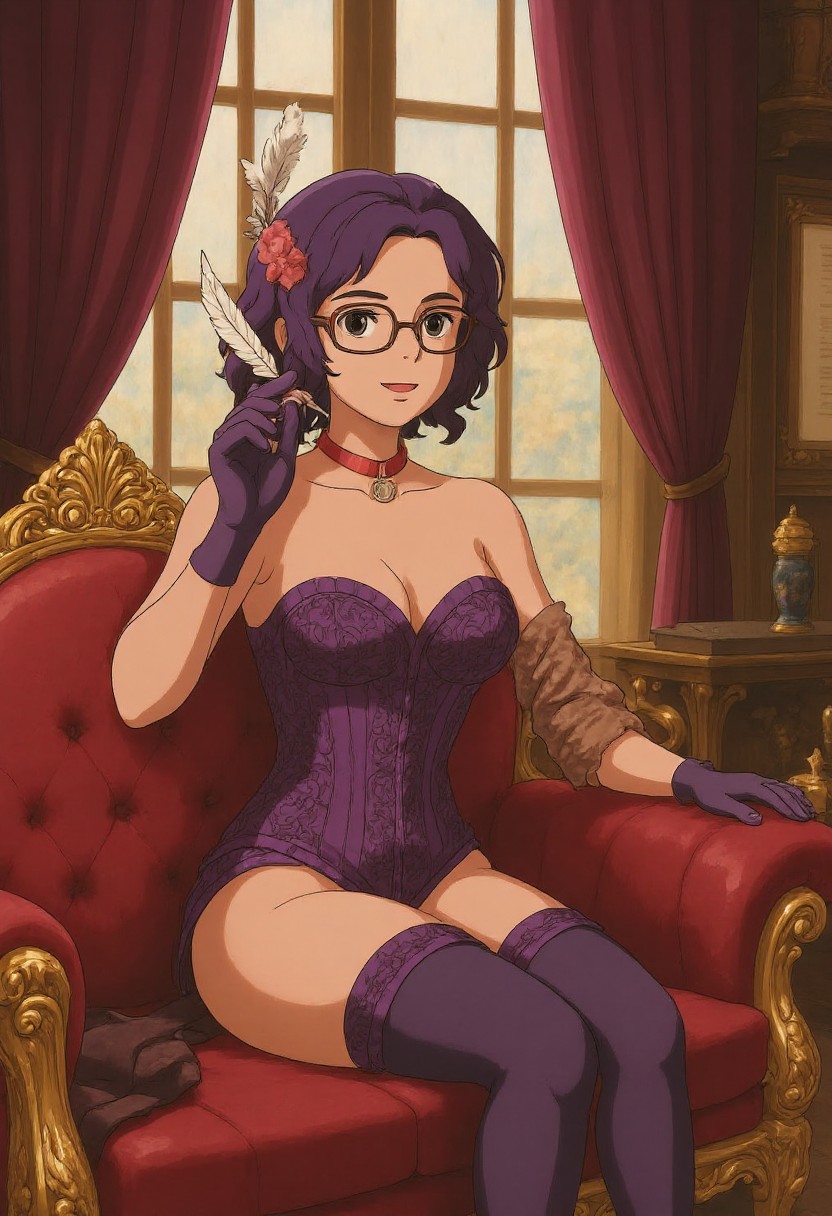 Elegant Anime Woman in Purple Corset Sitting on Red Throne