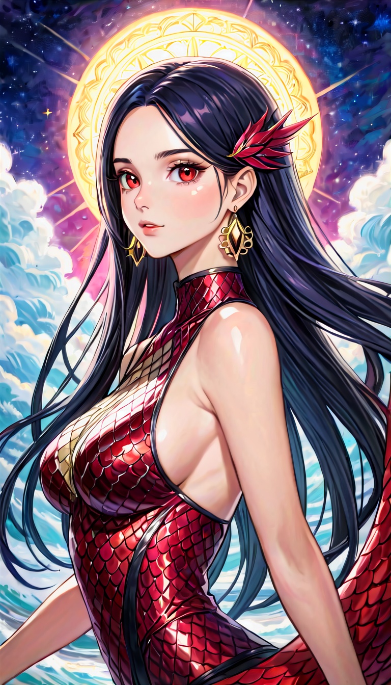 Elegant Anime Woman in Red Scaled Dress with Celestial Halo