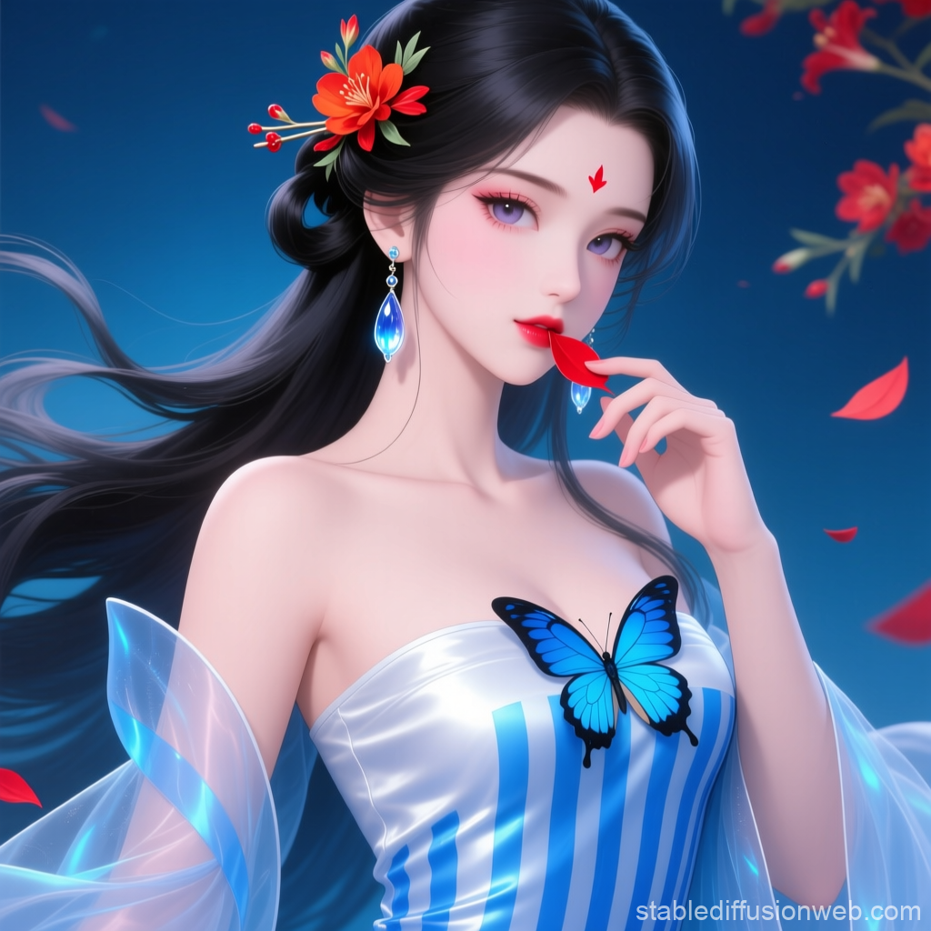 Elegant Anime Woman with Blue Butterfly and Red Flowers