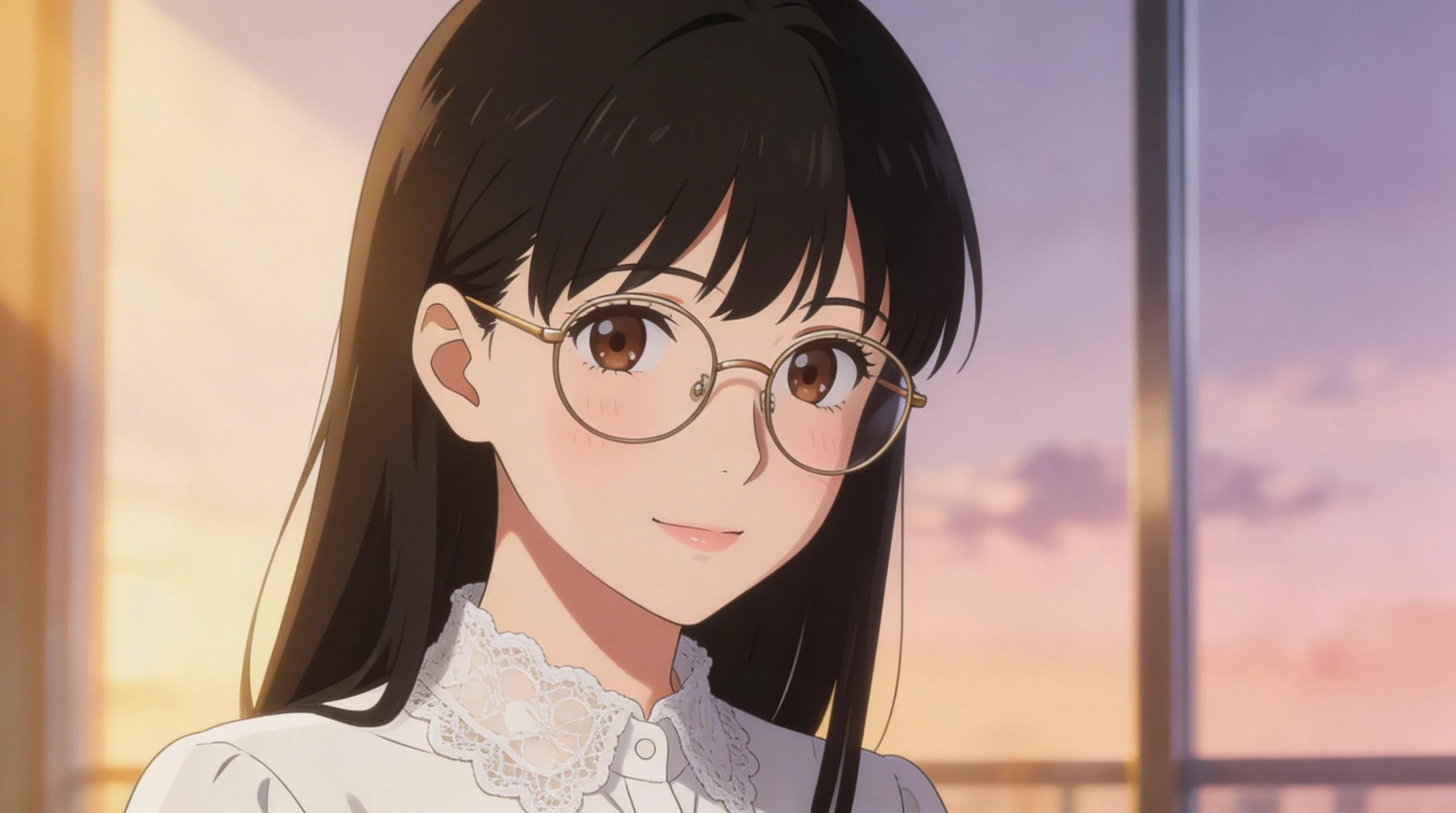 Elegant Anime Woman with Glasses at Sunset
