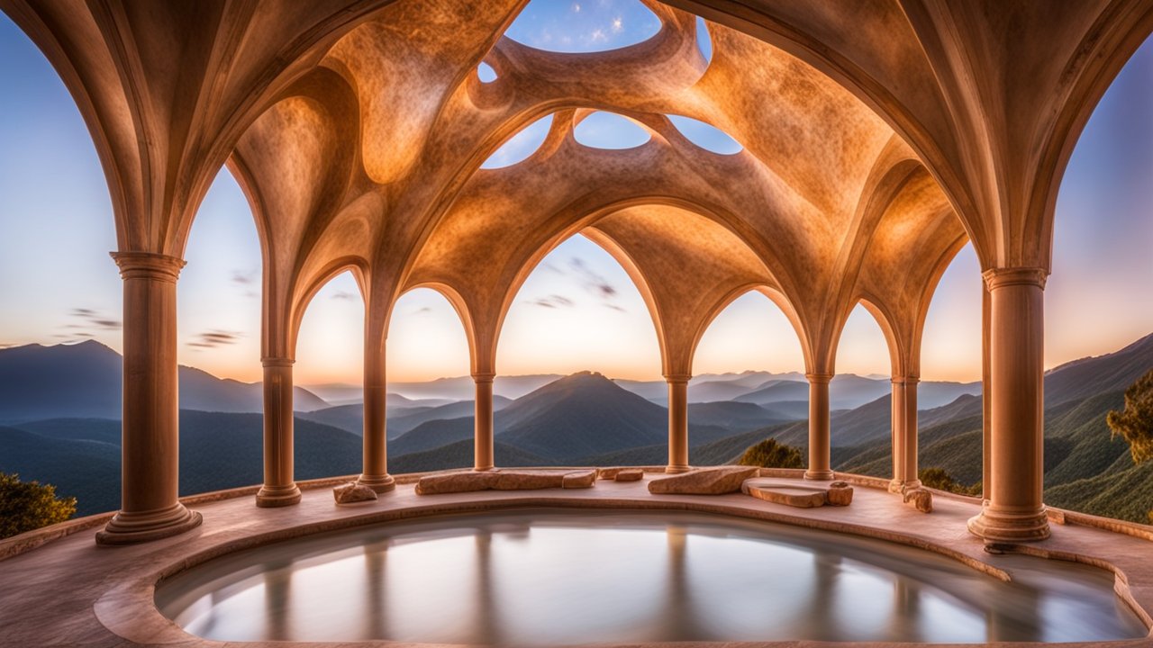 Elegant Arched Pavilion Overlooking Mountain Landscape at Sunset