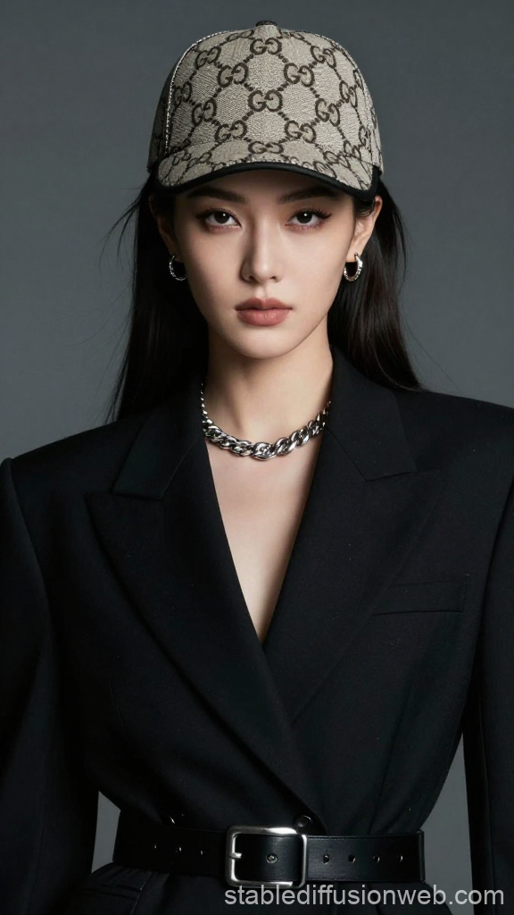 Elegant Asian Woman in Designer Cap and Black Blazer