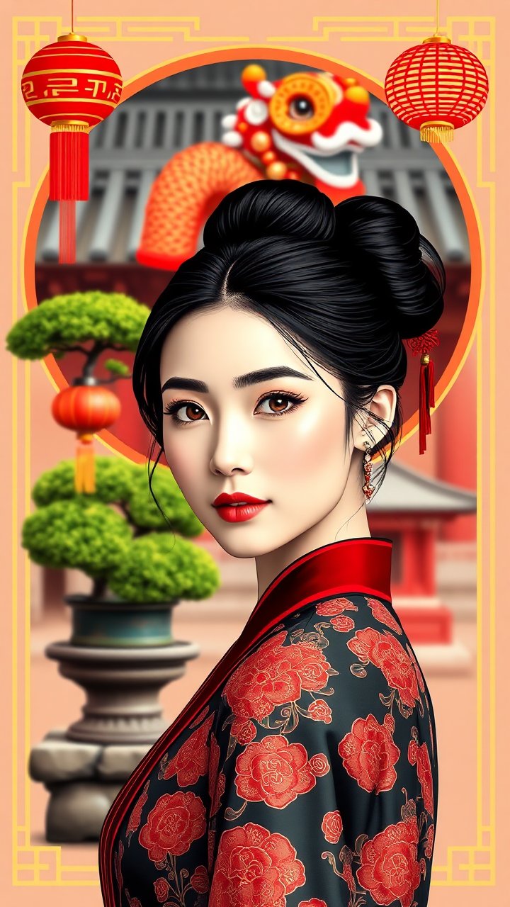 Elegant Asian Woman in Traditional Dress with Lunar New Year Decorations
