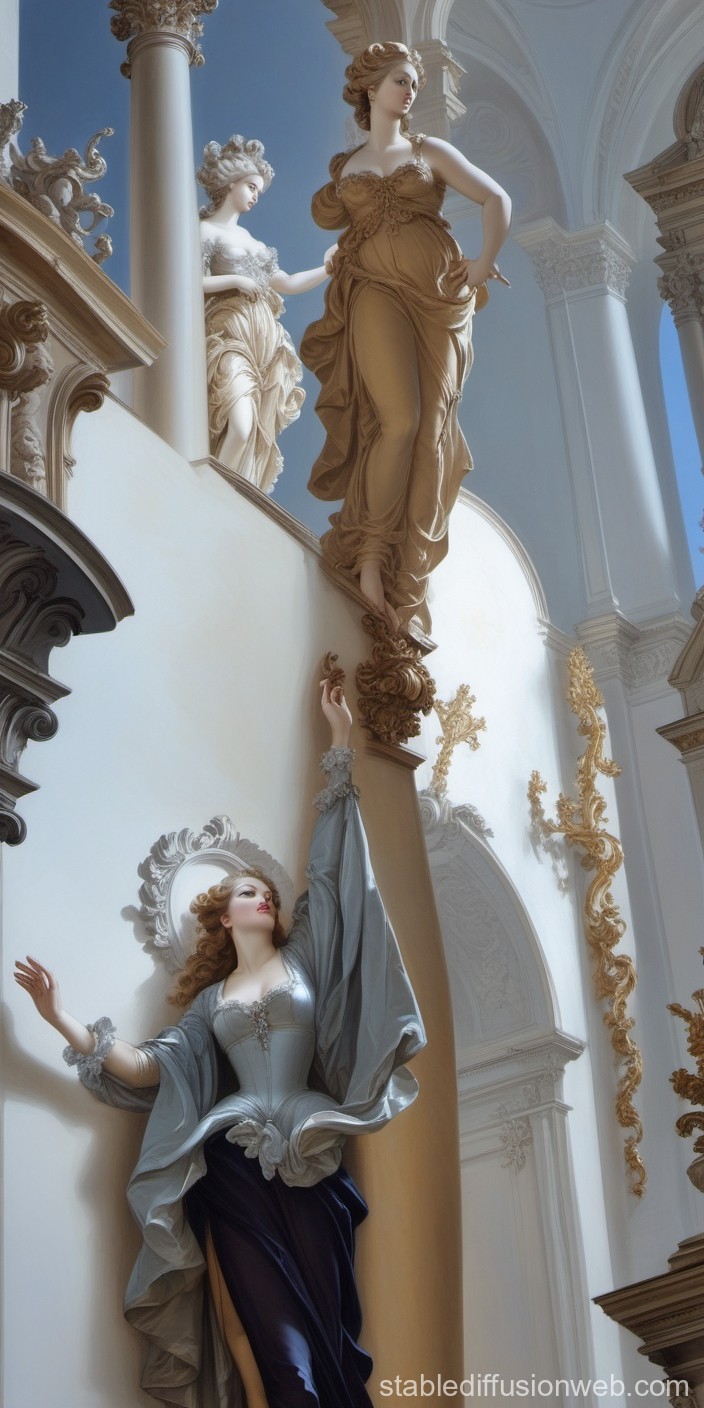 Elegant Baroque Women in Ornate Architectural Setting