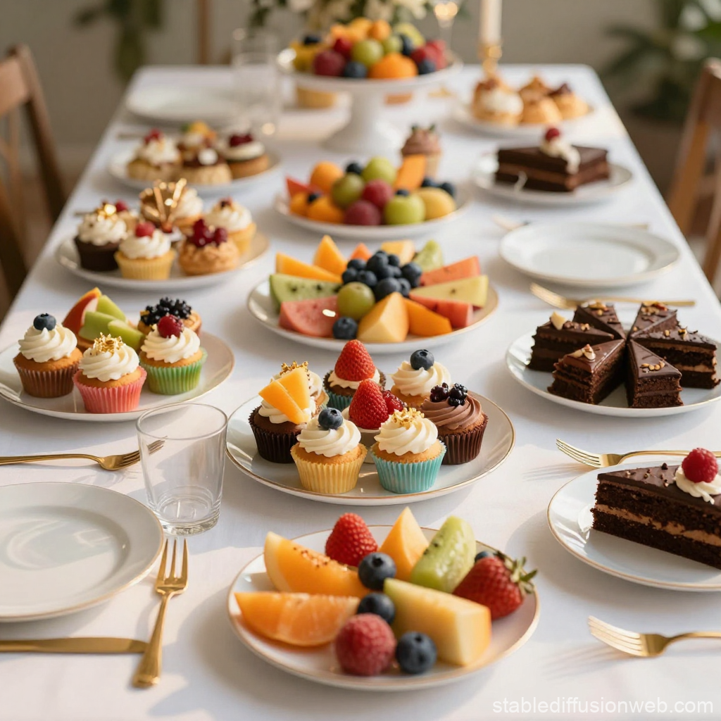 Elegant Birthday Feast with Cupcakes, Cakes, and Fresh Fruit