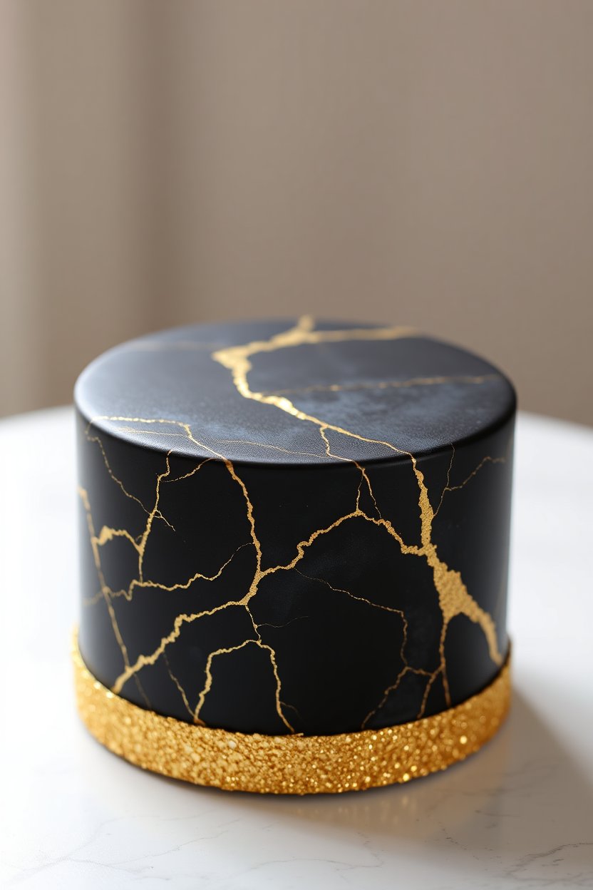 Elegant Black and Gold Marble Effect Single Tier Cake