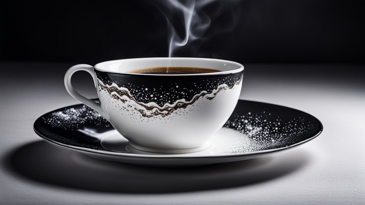 Elegant Black and White Coffee Cup with Steam