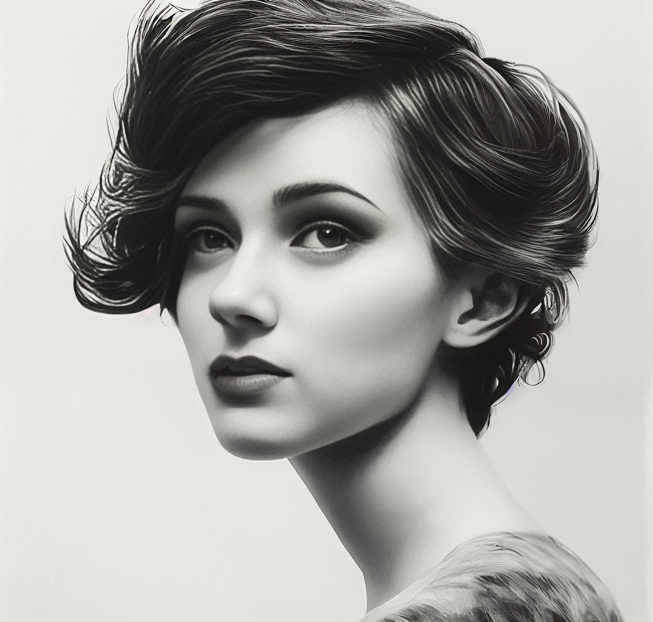 Elegant Black and White Portrait of a Woman with Vintage Hairstyle