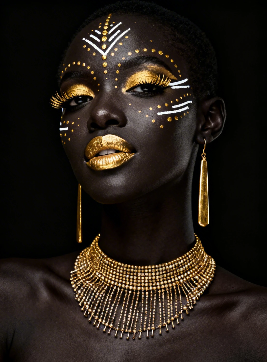 Elegant Black Beauty with Gold Makeup and Jewelry