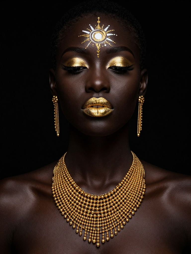 Elegant Black Beauty with Gold Makeup and Jewelry