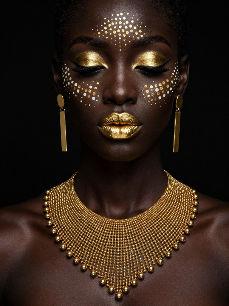 Elegant Black Beauty with Gold Makeup and Jewelry