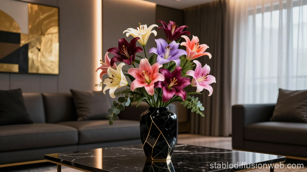 Elegant Black Marble Vase with Colorful Lilies in Modern Living Room