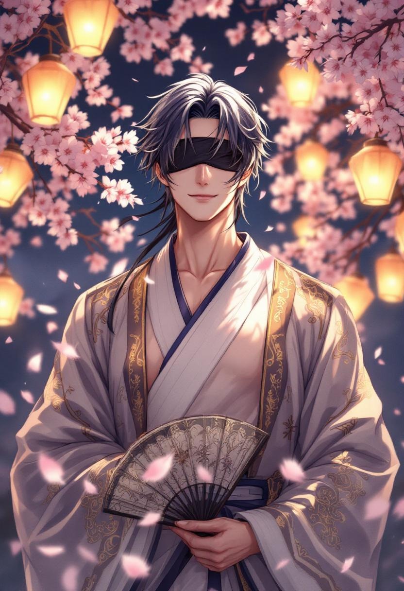 Elegant Blindfolded Man in Traditional Robe with Cherry Blossoms